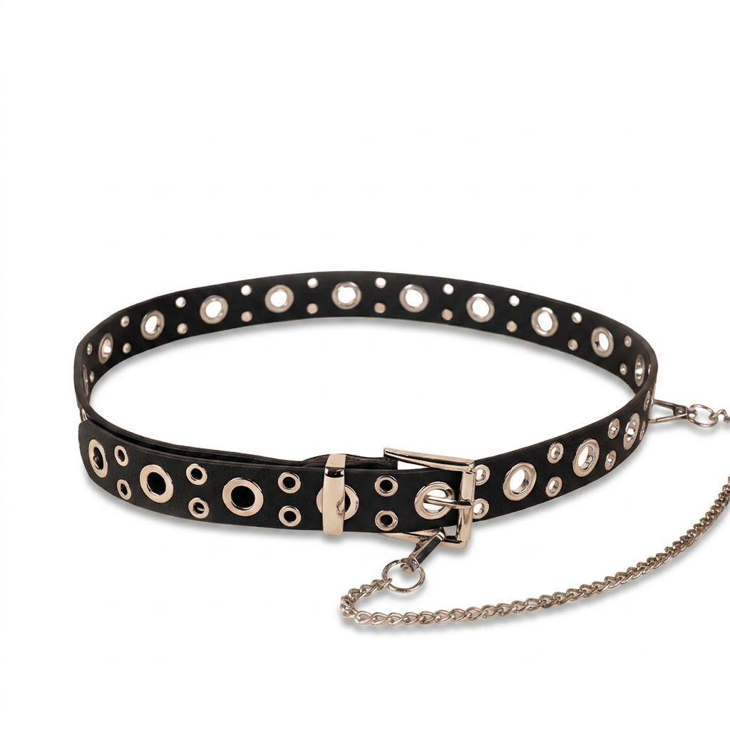 CINTURA CON BORCHIE BUCATE E CATENA PENDENTE