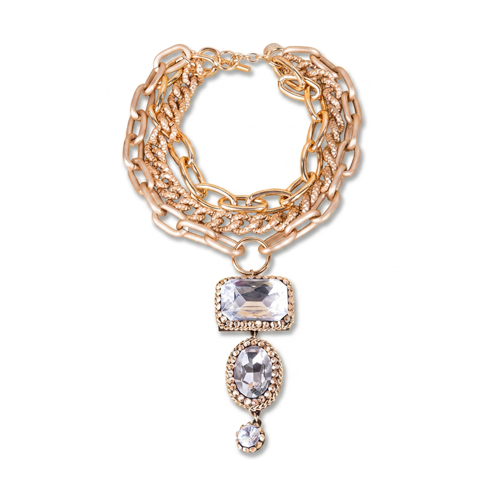 MULTI-STRAIN CHOKER NECKLACE WITH CHAINS AND PENDANT STONES 