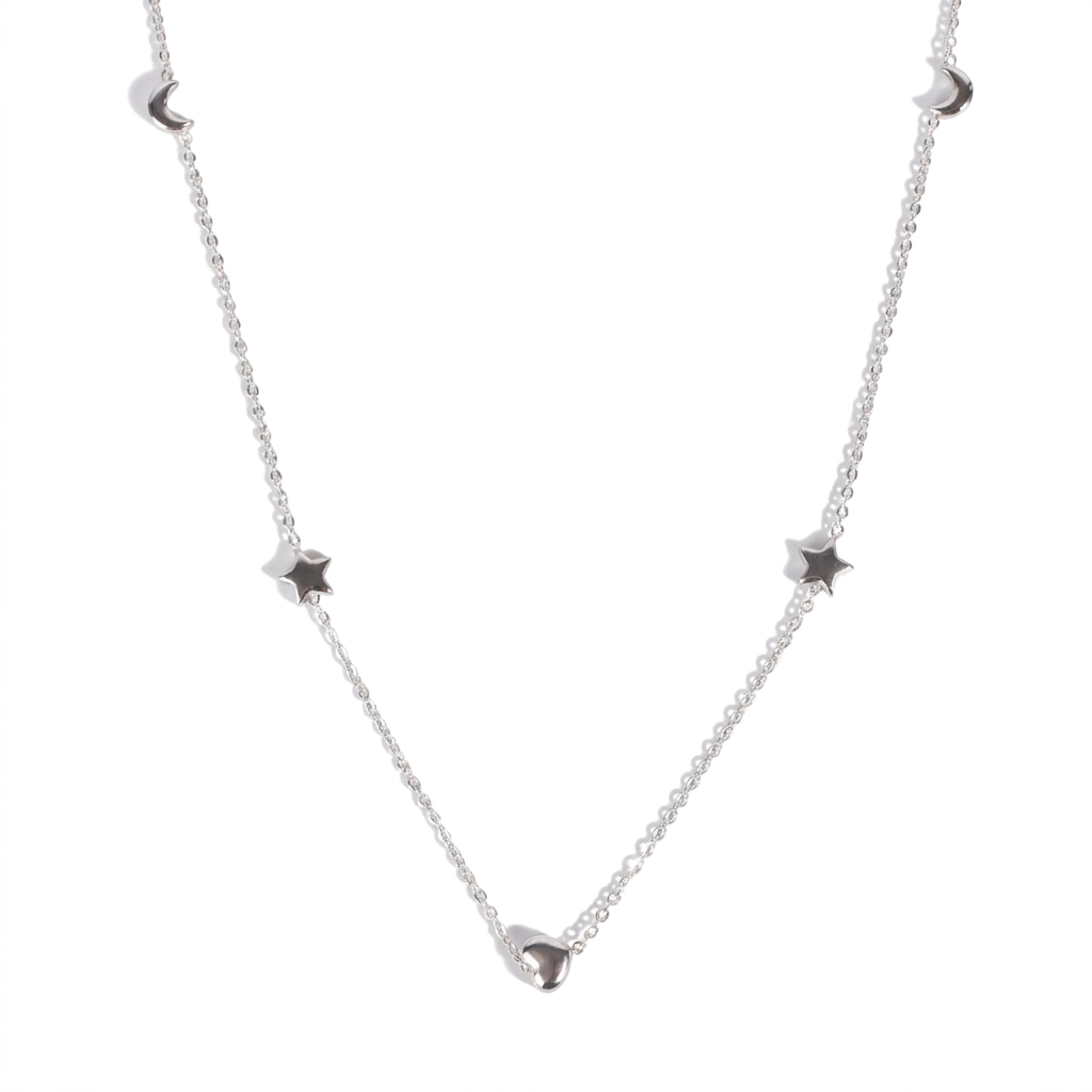LONG THIN NECKLACE WITH MOON HEART STAR AND CLOVER