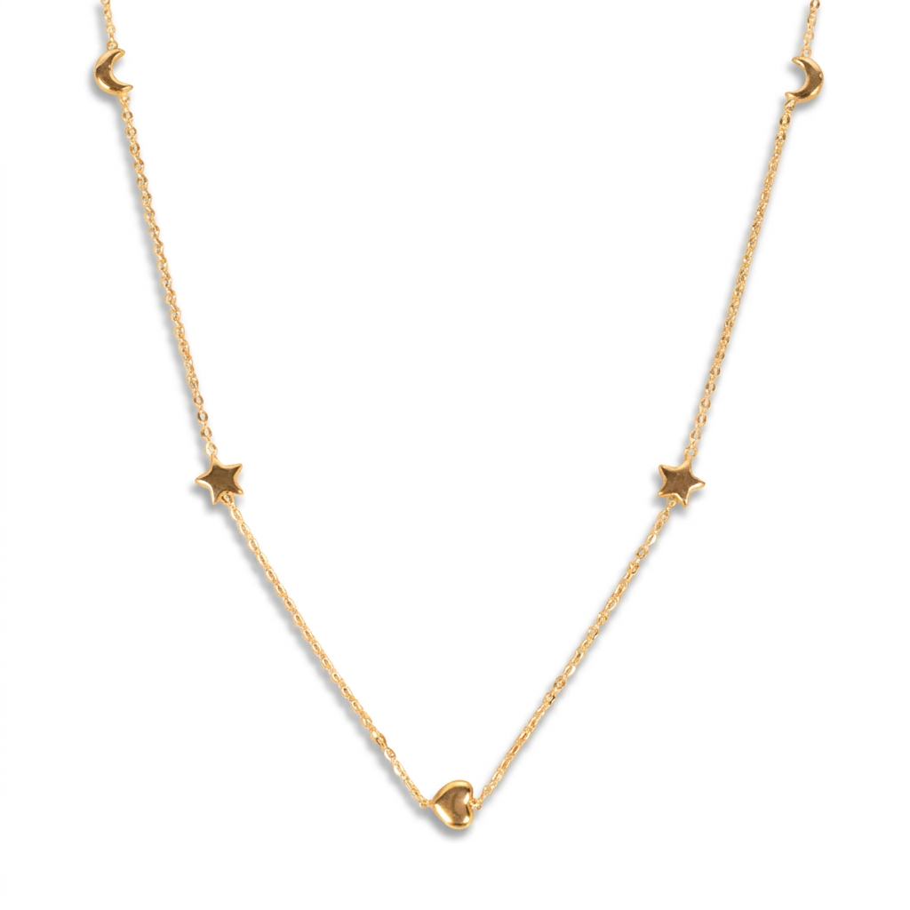 LONG THIN NECKLACE WITH MOON HEART STAR AND CLOVER