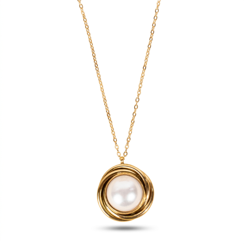 THIN CHOKER NECKLACE WITH CIRCULAR PENDANT AND PEARL