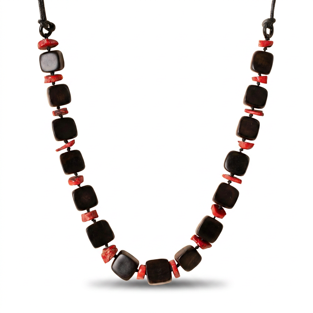 NECKLACE WITH ASYMMETRIC WOOD BLOCKS