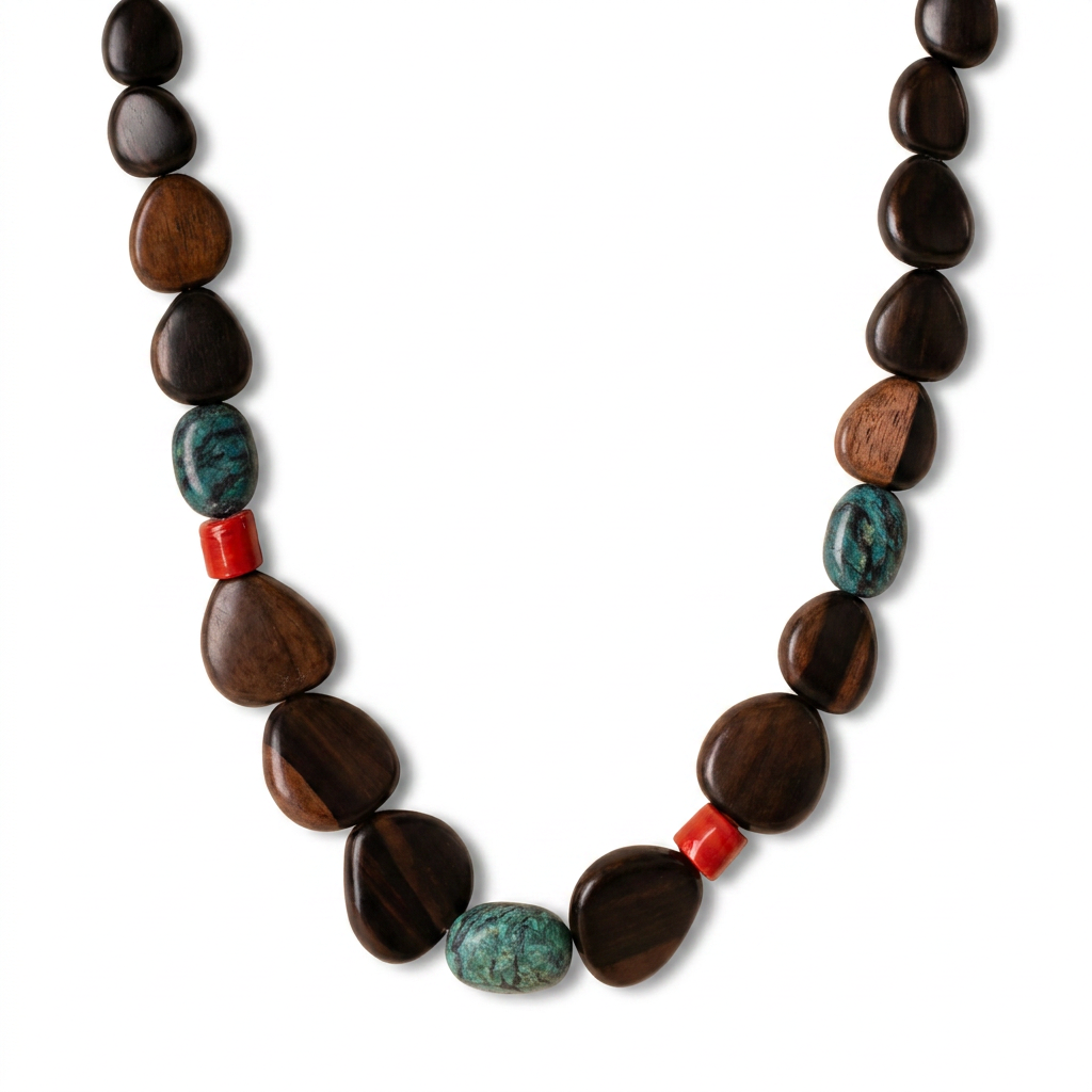 NECKLACE WITH WOODEN COMPONENTS, TURQUOISE AND RED MARBLED STONES