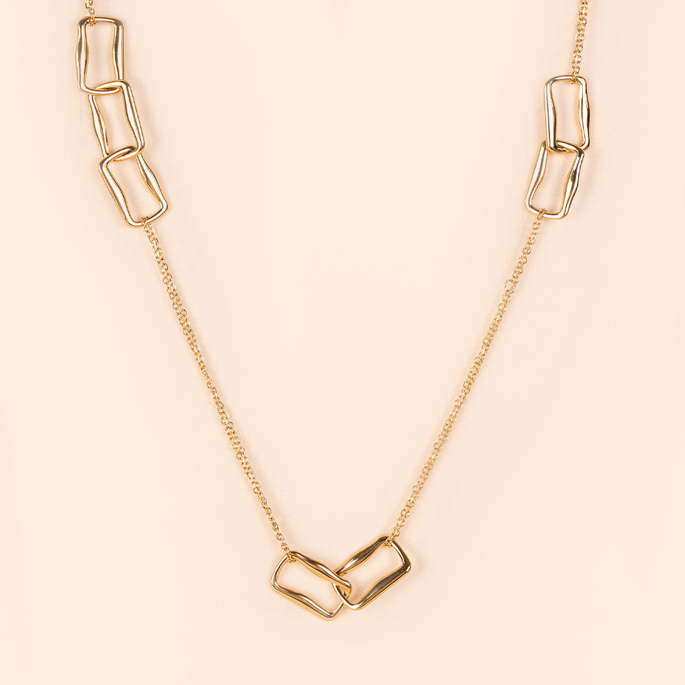 LONG DOUBLE STRAND NECKLACE WITH INTERTWINED IRREGULAR RECTANGLES
