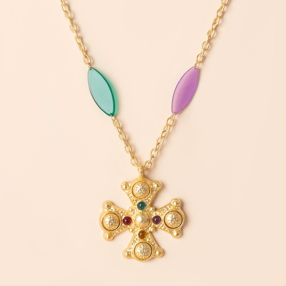 COLLANA LUNGA CON CROCE GOTICA E PARTICOLARI COLORATI