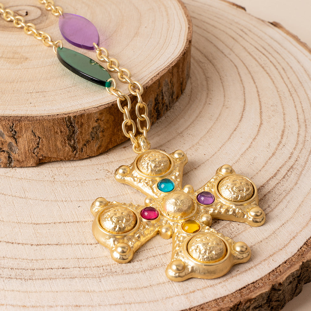 COLLANA LUNGA CON CROCE GOTICA E PARTICOLARI COLORATI