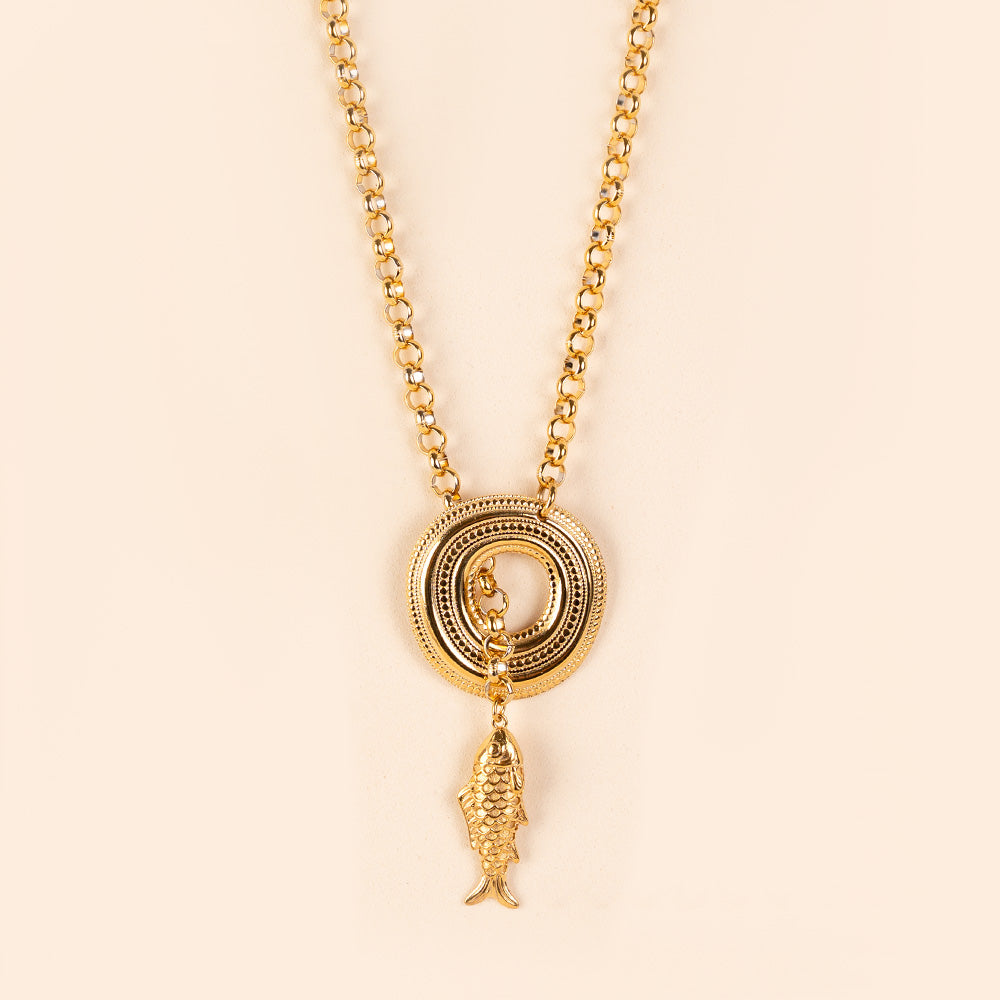 LONG SLIDING NECKLACE WITH FISH AND WORKED CIRCLE AT THE ENDS