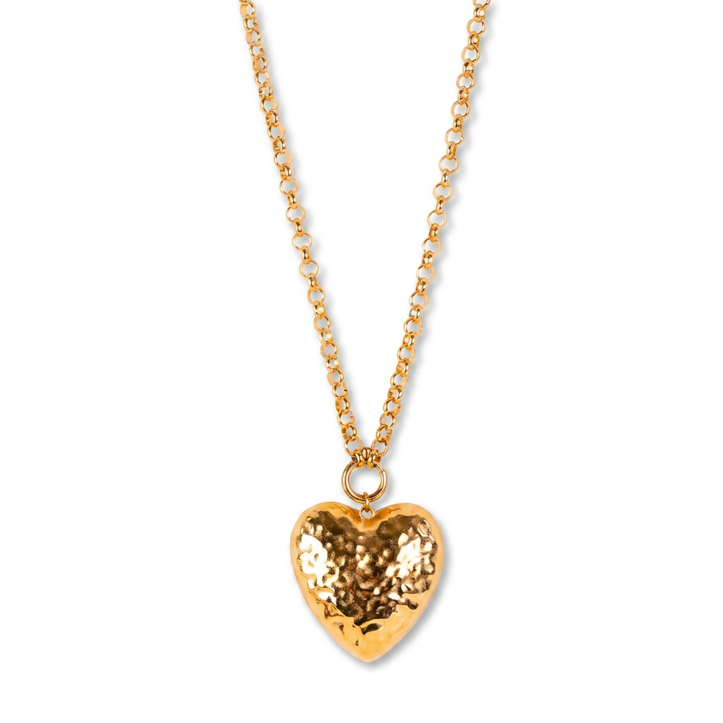 LONG NECKLACE WITH LARGE HAMMERED HEART
