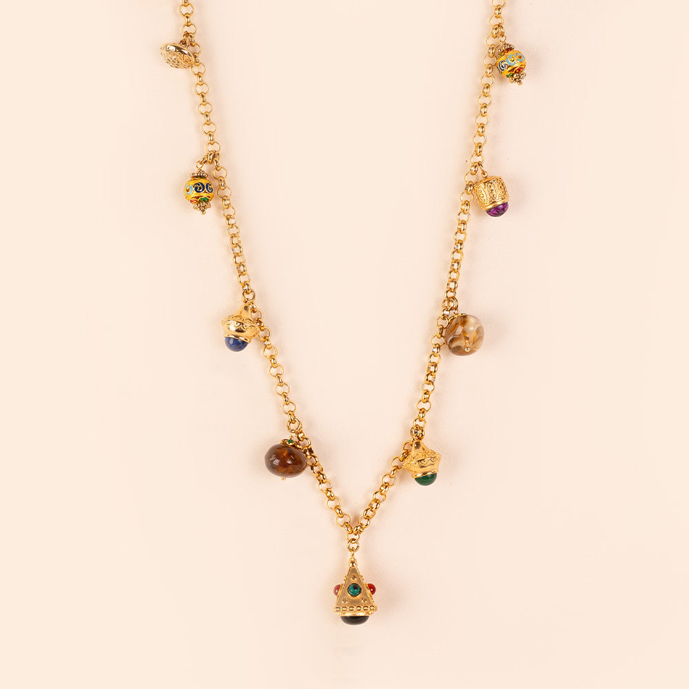 LONG NECKLACE WITH WORKED PENDANTS AND STONES