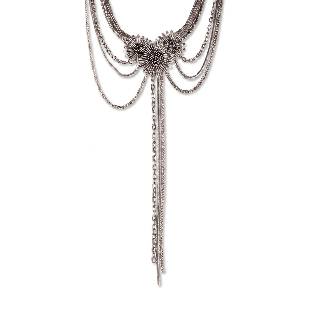 MULTI-WIRE CHOKER NECKLACE WITH SUNFLOWERS AND PENDANTS