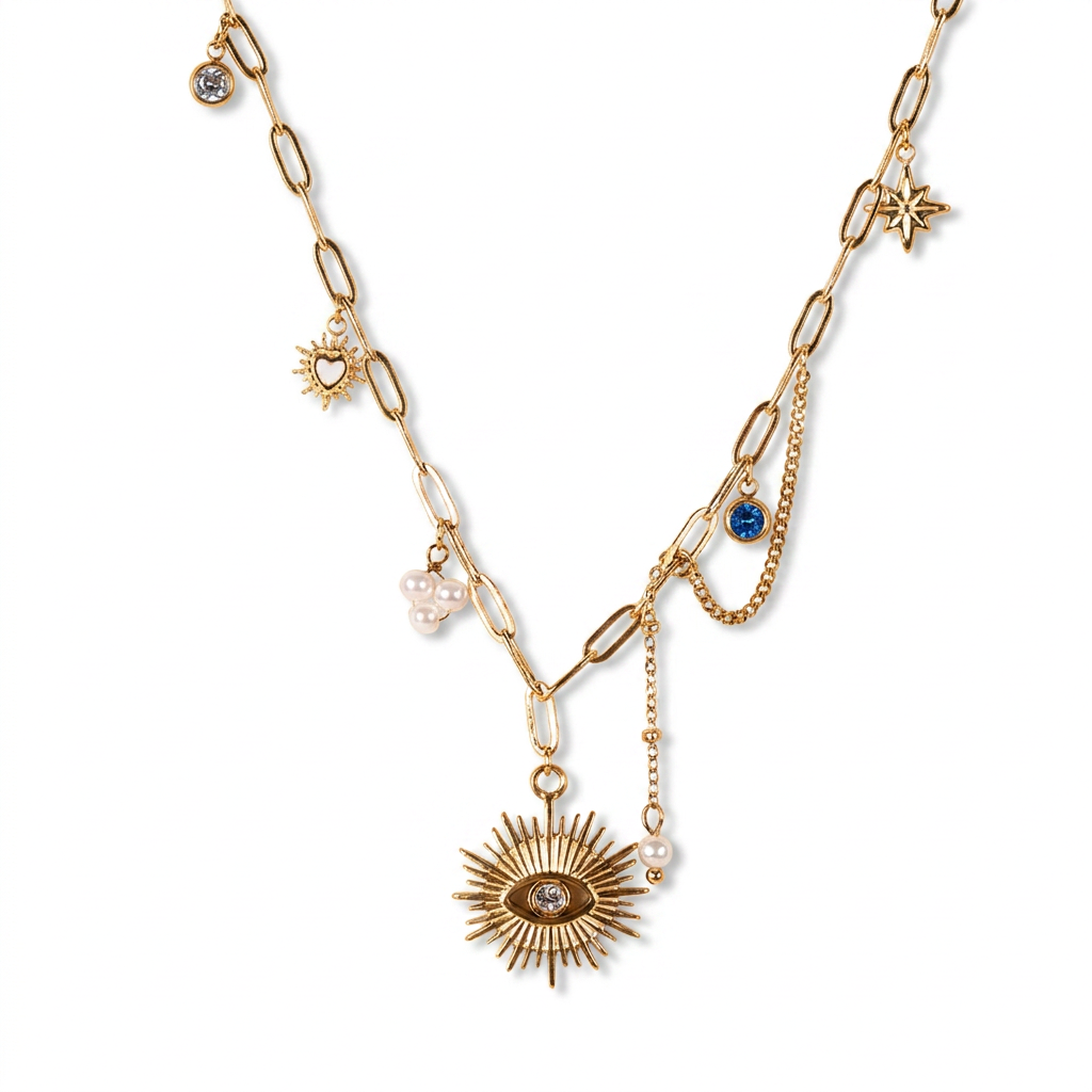 THIN CHOKER NECKLACE WITH PENDANTS AND CENTRAL EYE