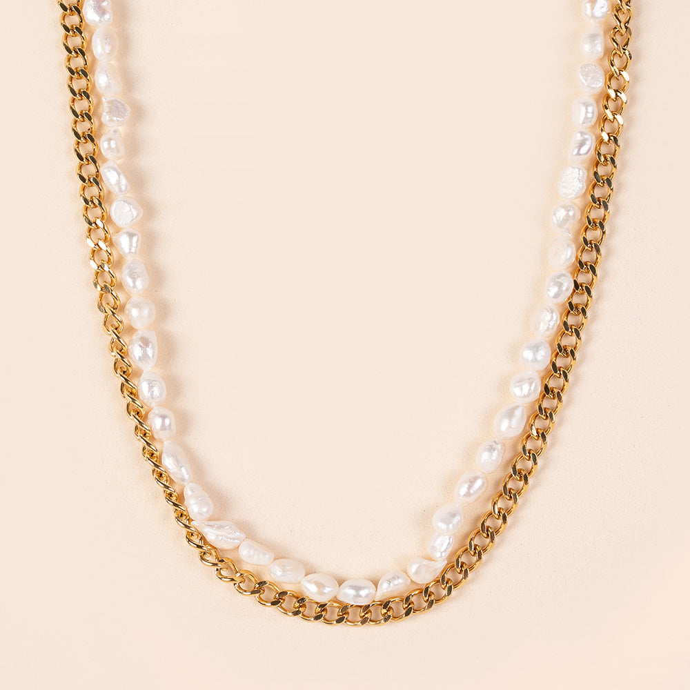 CHOKER NECKLACE WITH TWO STRANDS OF CHAIN ​​AND PEARLS