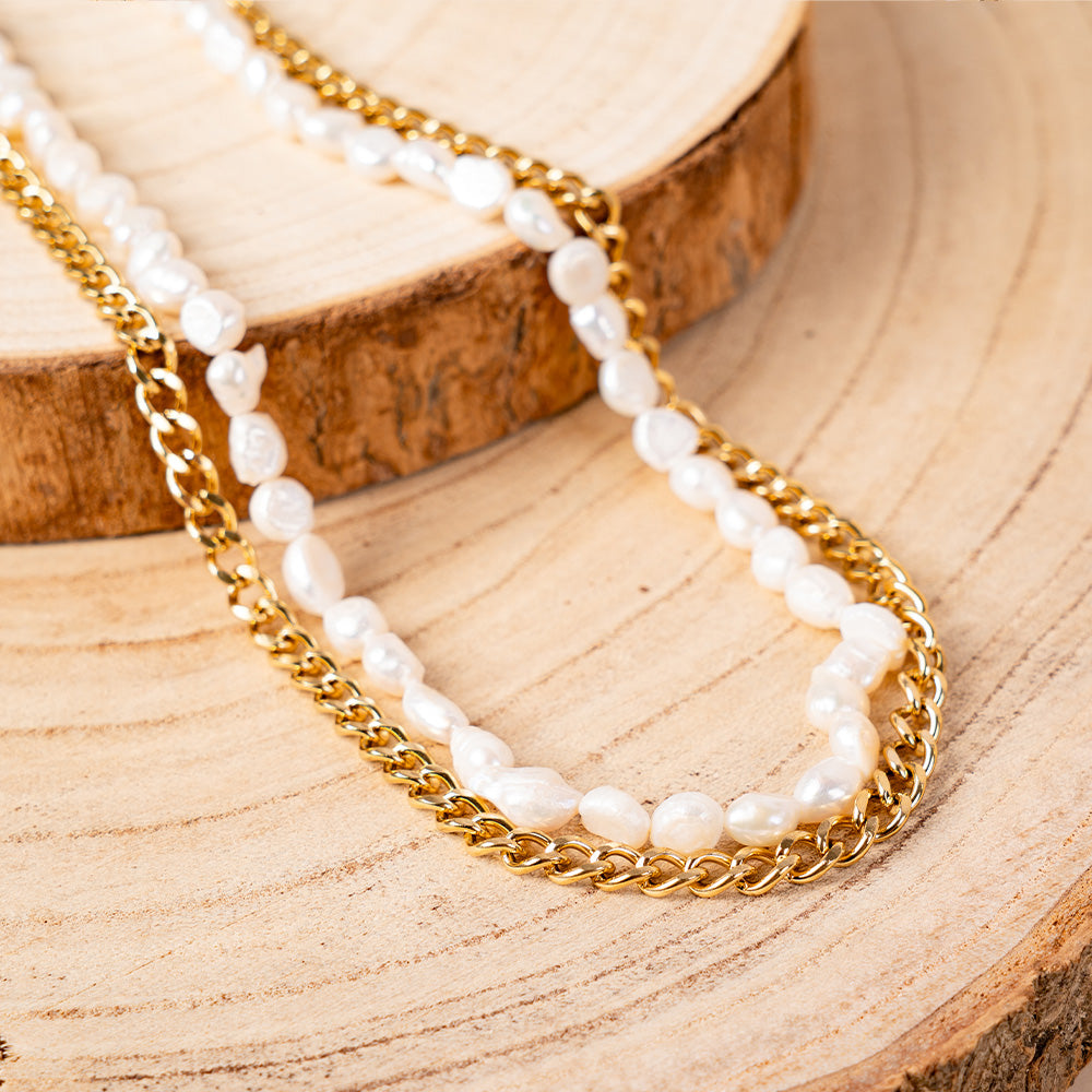 CHOKER NECKLACE WITH TWO STRANDS OF CHAIN ​​AND PEARLS