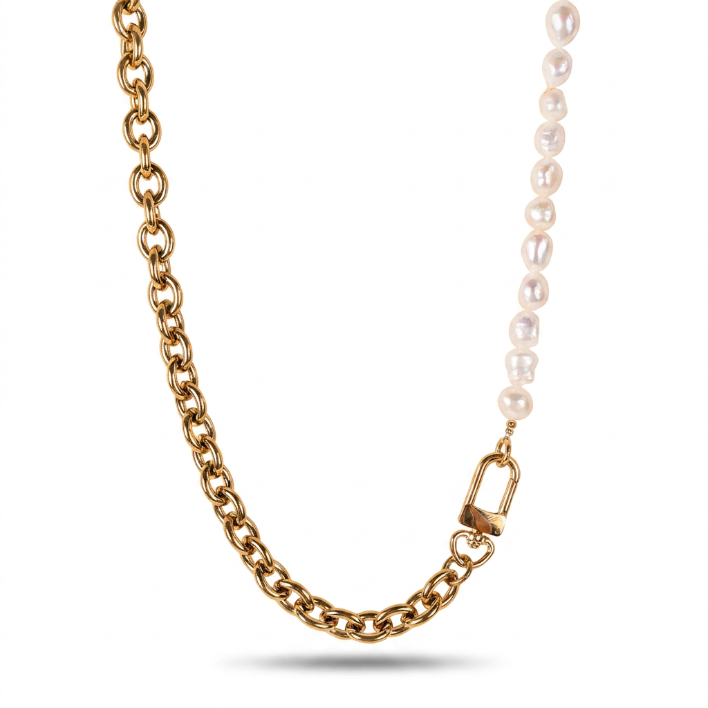 HALF-SPLIT CHOKER NECKLACE WITH CHAINS AND PEARLS