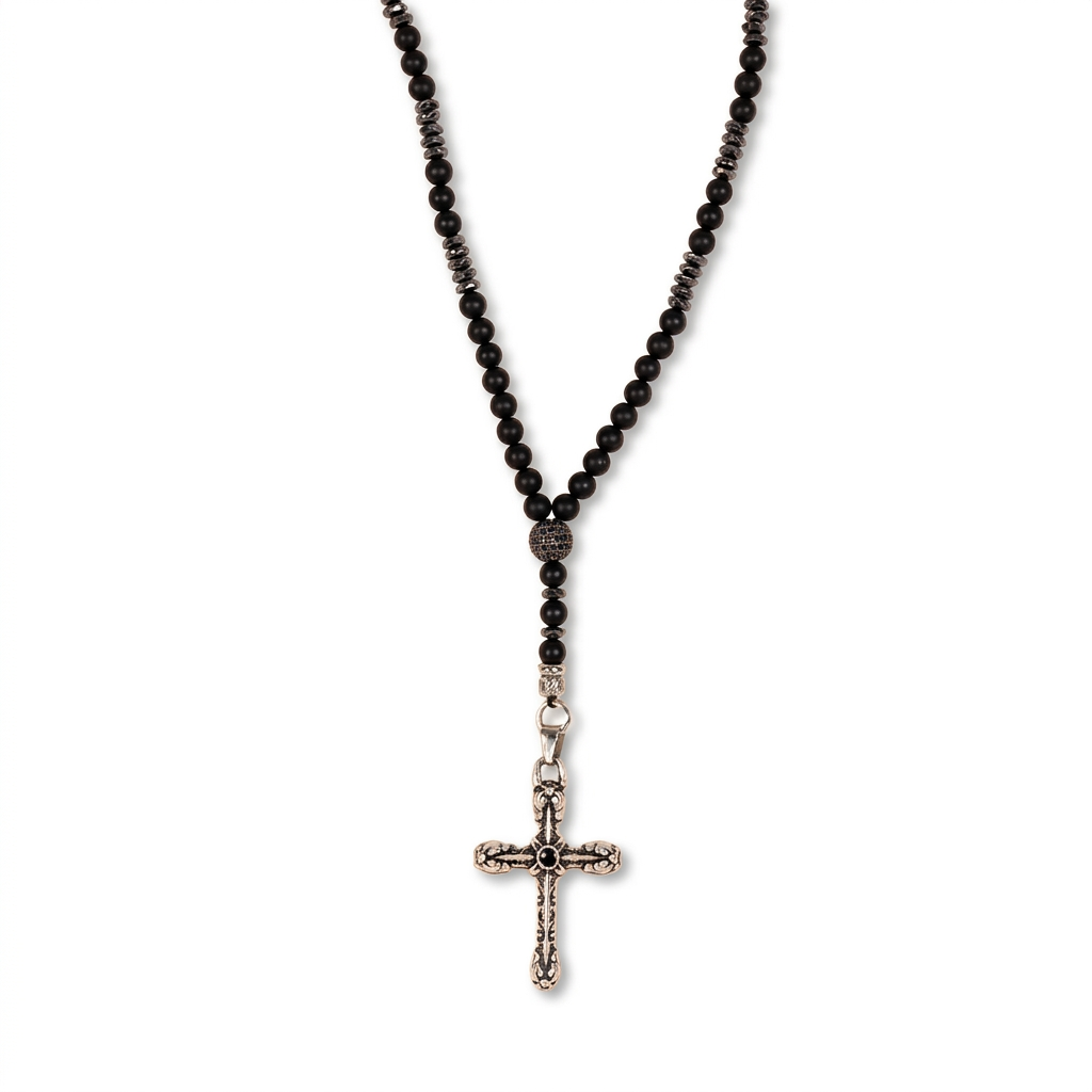LONG NECKLACE WITH HARD STONES AND CROSS PENDANT