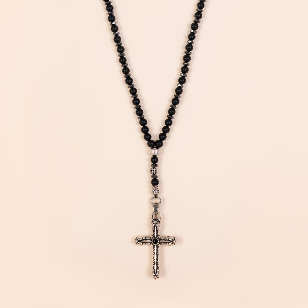 COLLANA LUNGA CON PIETRE DURE E CROCE PENDENTE