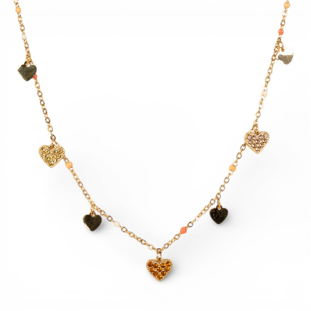 COLLANA GIROCOLO A CATENA CON CUORI E PERLINE