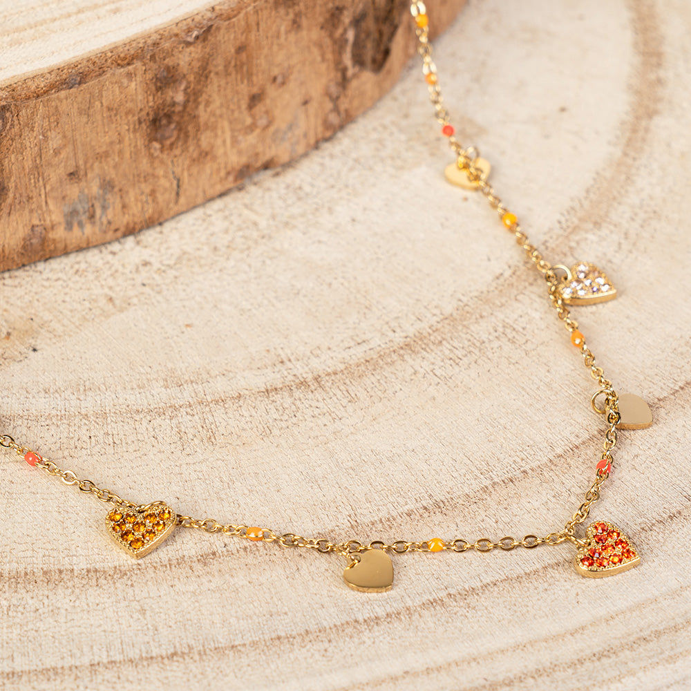 COLLANA GIROCOLO A CATENA CON CUORI E PERLINE