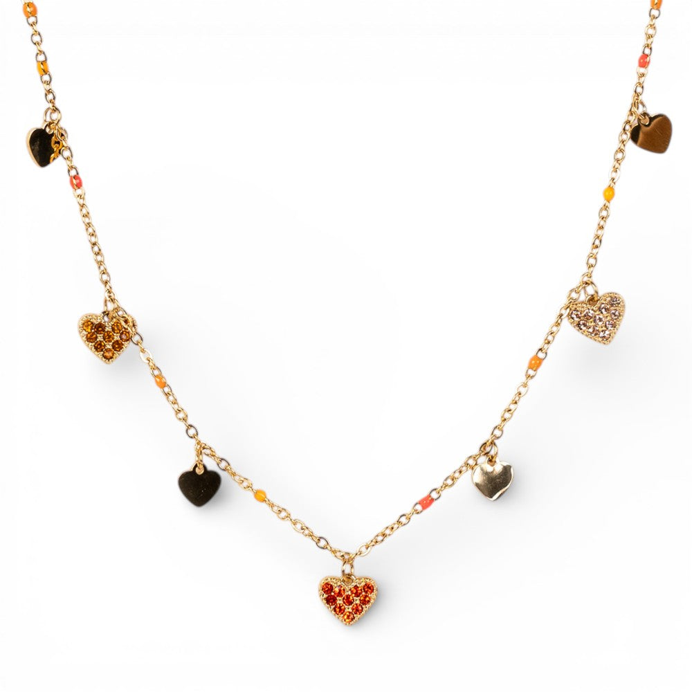 COLLANA GIROCOLO A CATENA CON CUORI E PERLINE