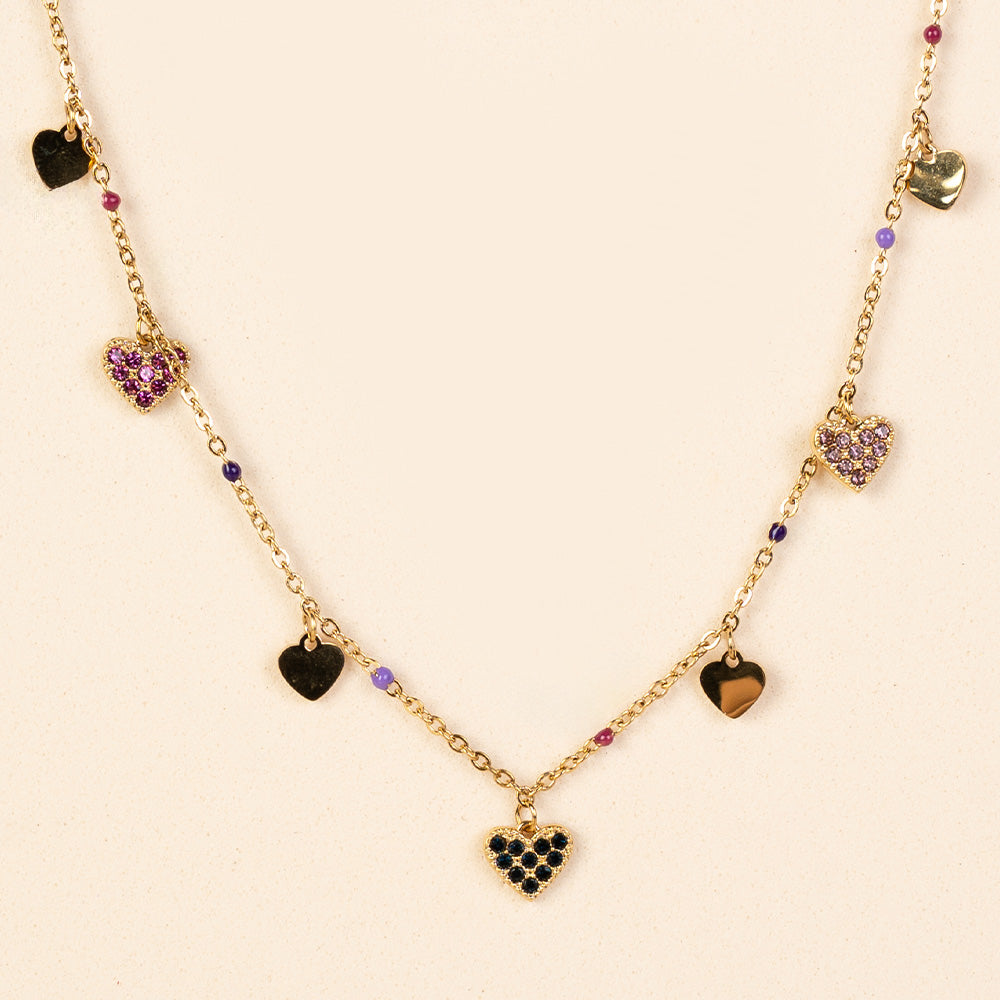 COLLANA GIROCOLO A CATENA CON CUORI E PERLINE