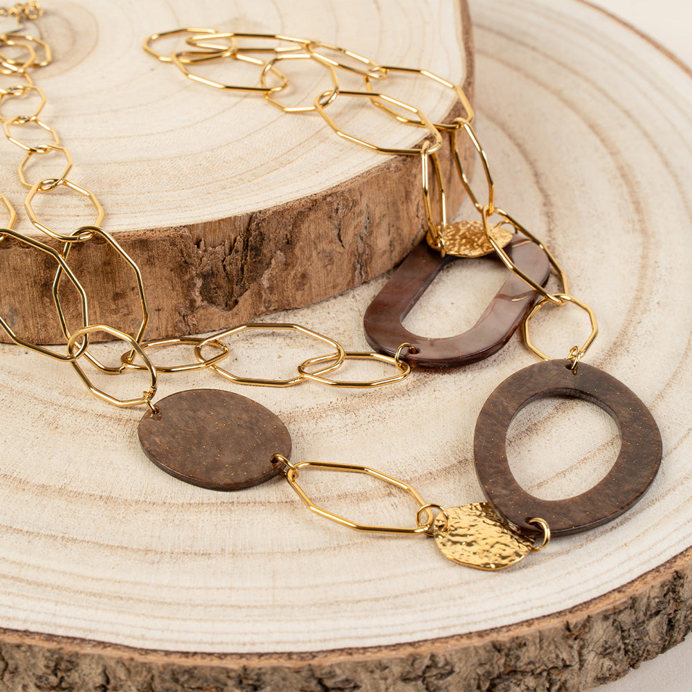 COLLANA LUNGA CON ANELLI IREGGOLARI E IN RESINA