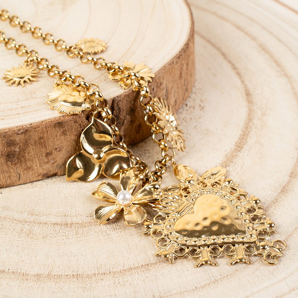 COLLANA GIROCOLLO CON FIORI E SACROCUORE