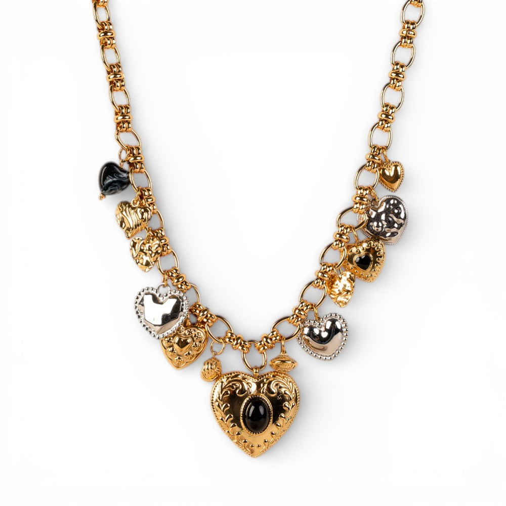 COLLANA A GIROCOLLO CON PENDENTI E CUORE GRANDE CENTRALE CON PIETRA NERA