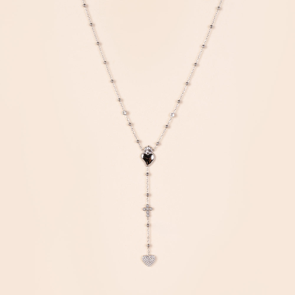 COLLANA A GIROCOLLO MODELLO ROSARIO CON CUORE SACRO E PENDENTE CON CROCE E CUORE DI STRASS