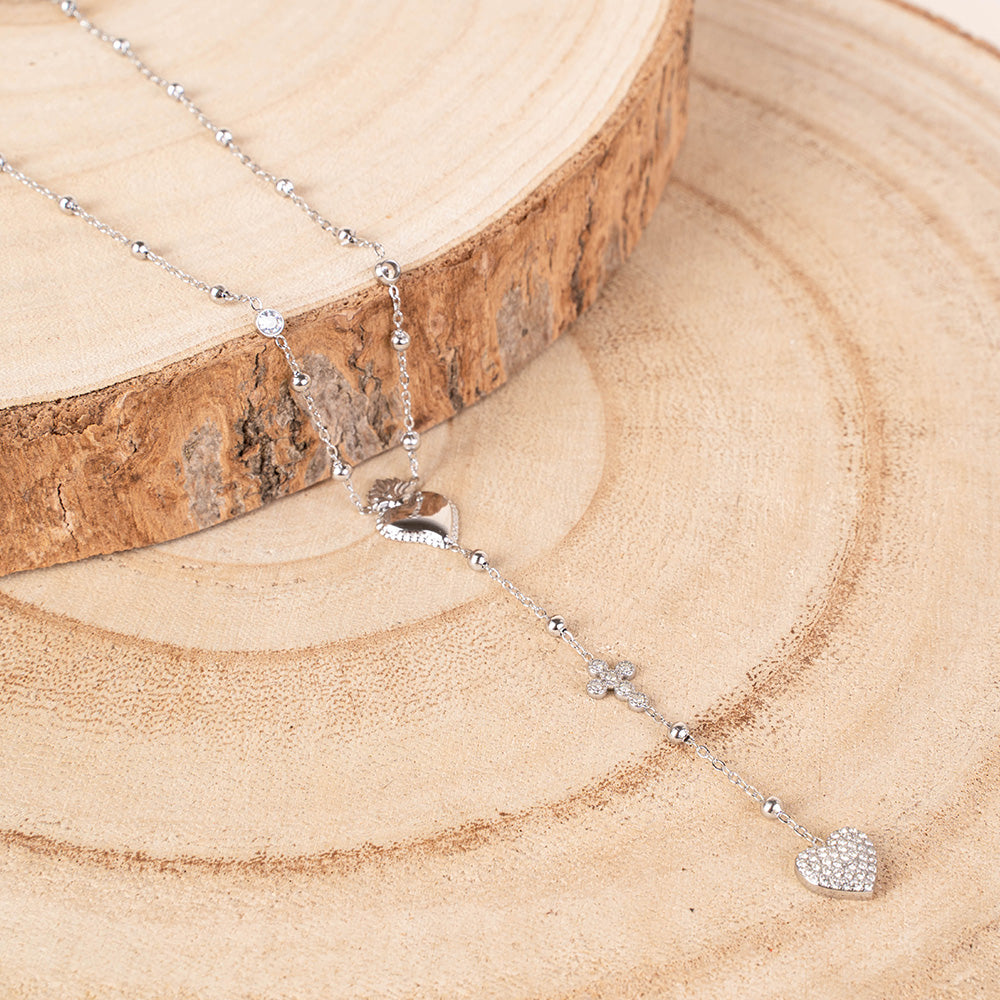 COLLANA A GIROCOLLO MODELLO ROSARIO CON CUORE SACRO E PENDENTE CON CROCE E CUORE DI STRASS