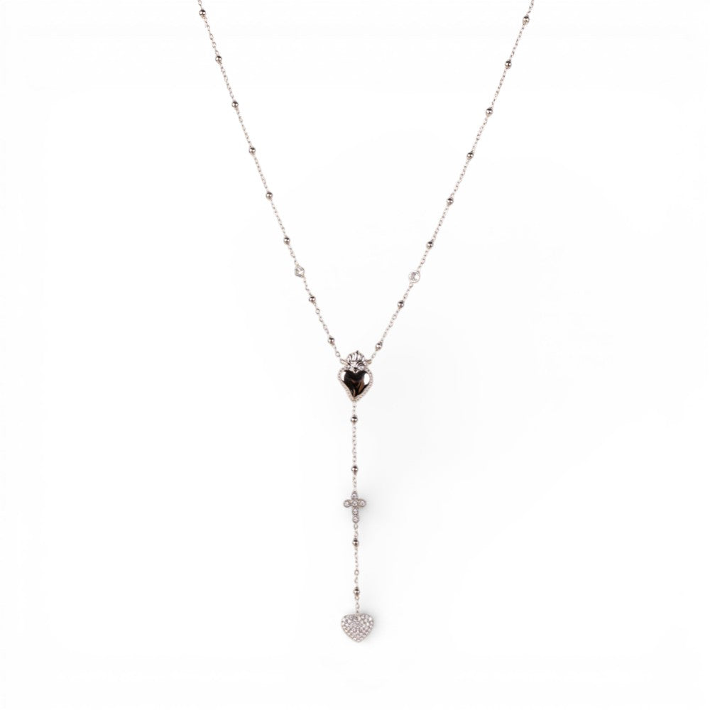 COLLANA A GIROCOLLO MODELLO ROSARIO CON CUORE SACRO E PENDENTE CON CROCE E CUORE DI STRASS