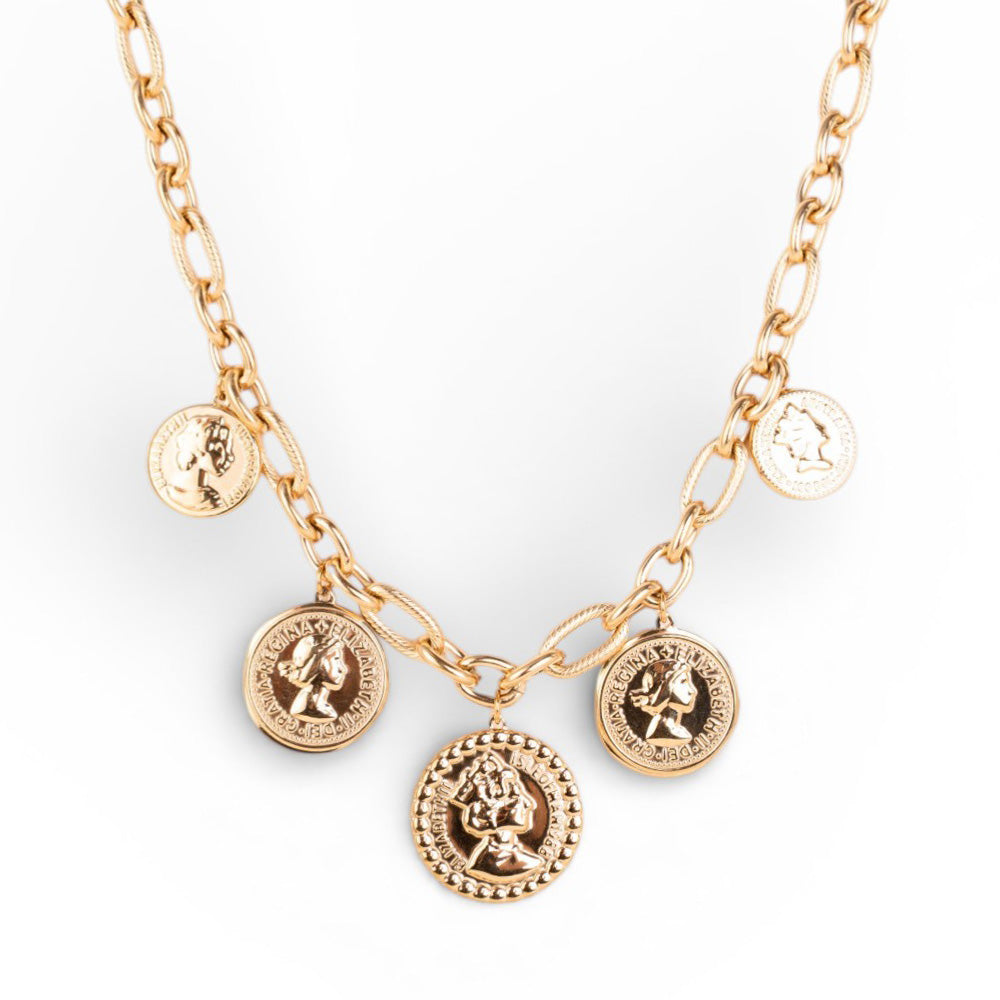 COLLANA A GIROCOLLO A CATENA CON 5 MONETE PENDENTI