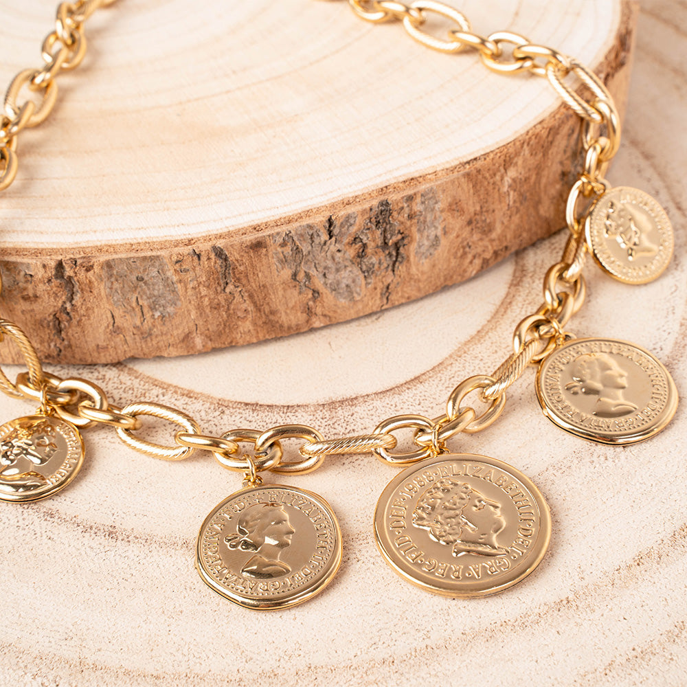 COLLANA A GIROCOLLO A CATENA CON 5 MONETE PENDENTI