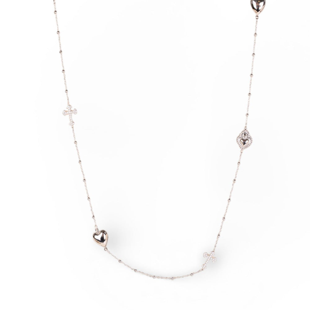 COLLANA LUNGA MODELLO A ROSARIO CON CUORI E CROCI