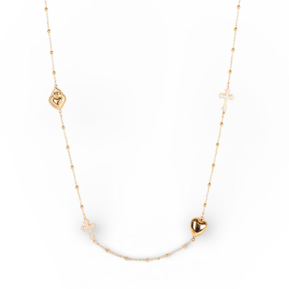 COLLANA LUNGA MODELLO A ROSARIO CON CUORI E CROCI