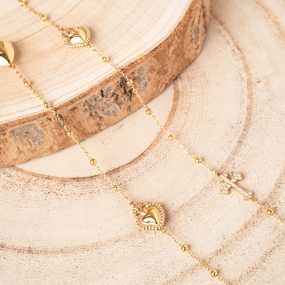 COLLANA LUNGA MODELLO A ROSARIO CON CUORI E CROCI