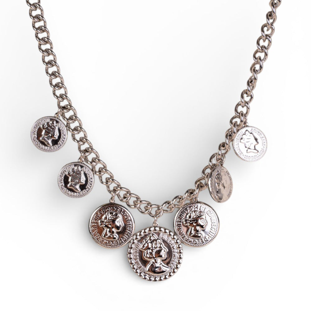 COLLANA A GIROCOLLO A GRUMETTA CON 7 MONETE PENDENTI