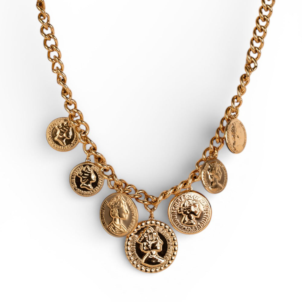 COLLANA A GIROCOLLO A GRUMETTA CON 7 MONETE PENDENTI