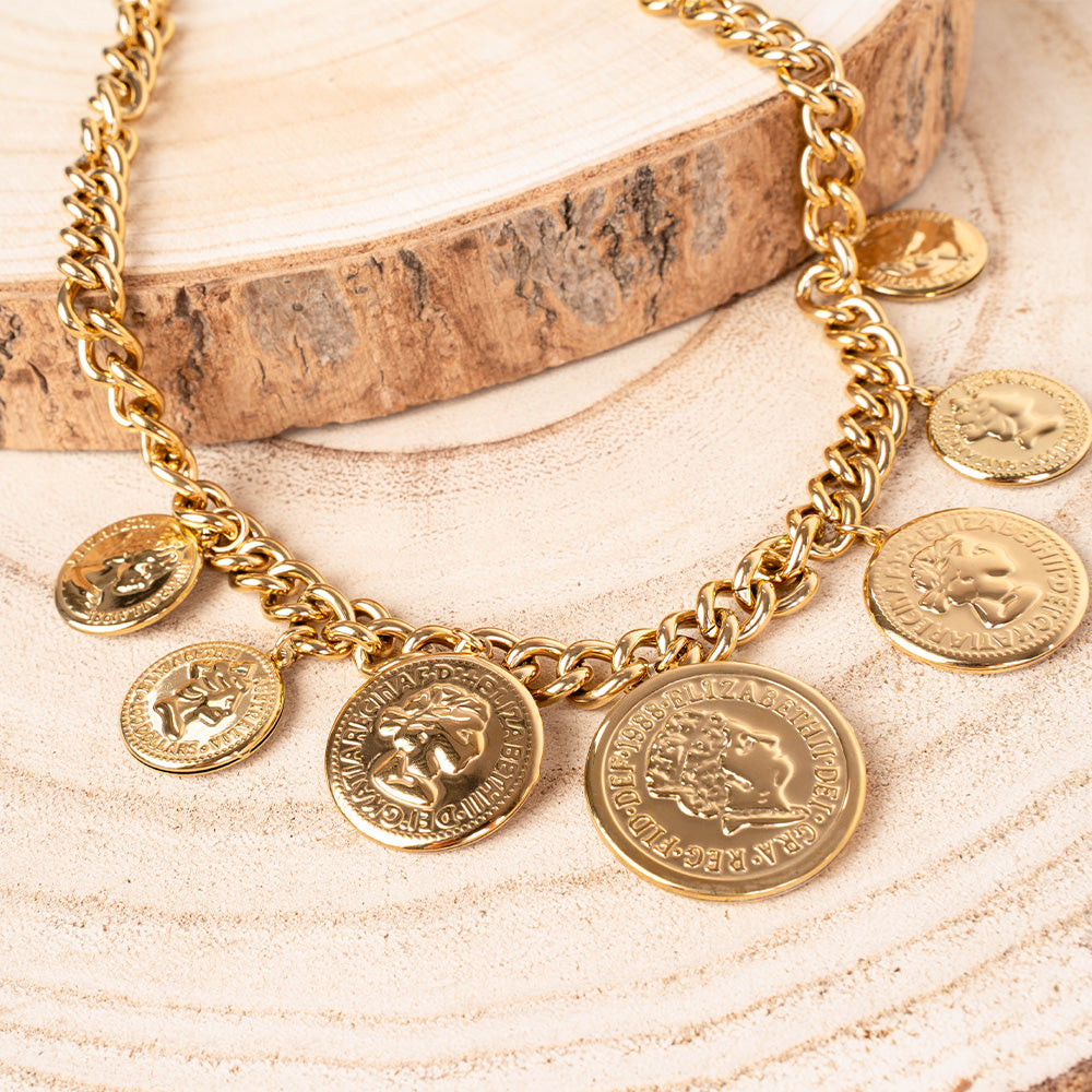 COLLANA A GIROCOLLO A GRUMETTA CON 7 MONETE PENDENTI