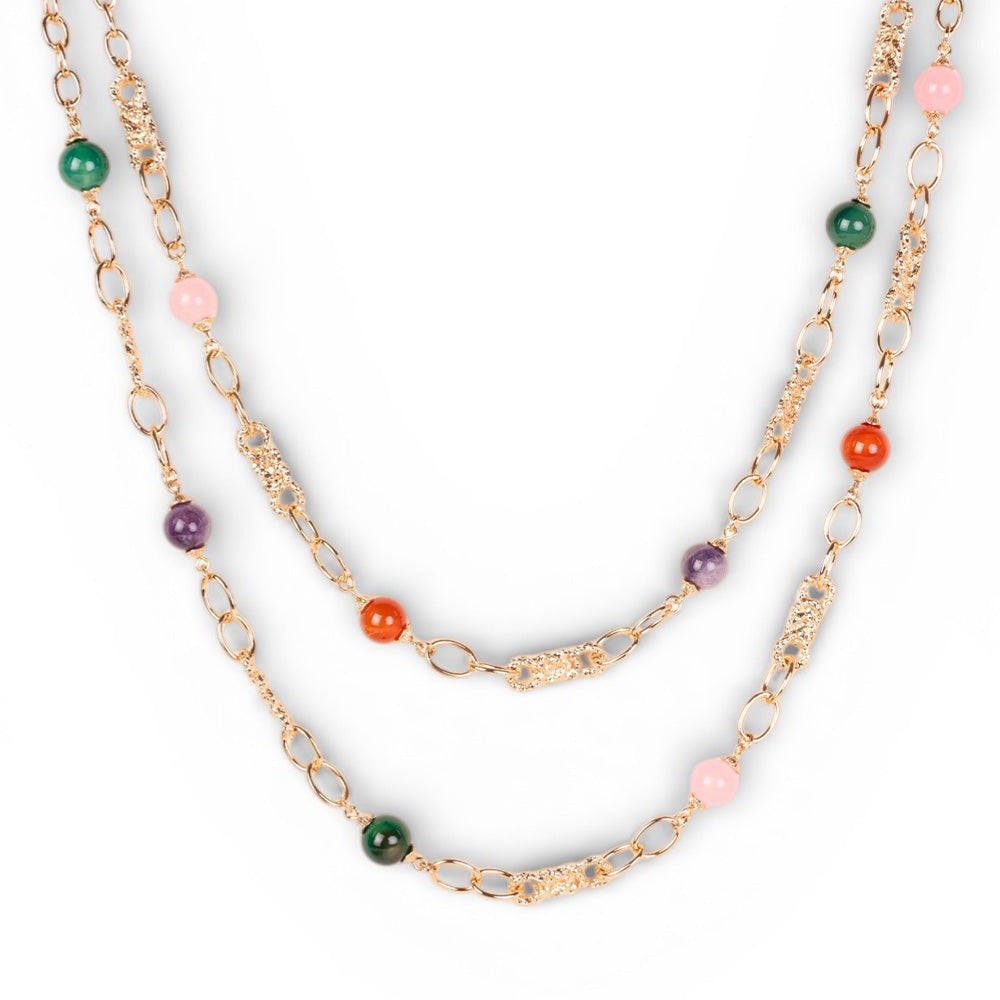 COLLANA LUNGA A DUE FILI CON MAGLIE MARTELLATE E PIETRE