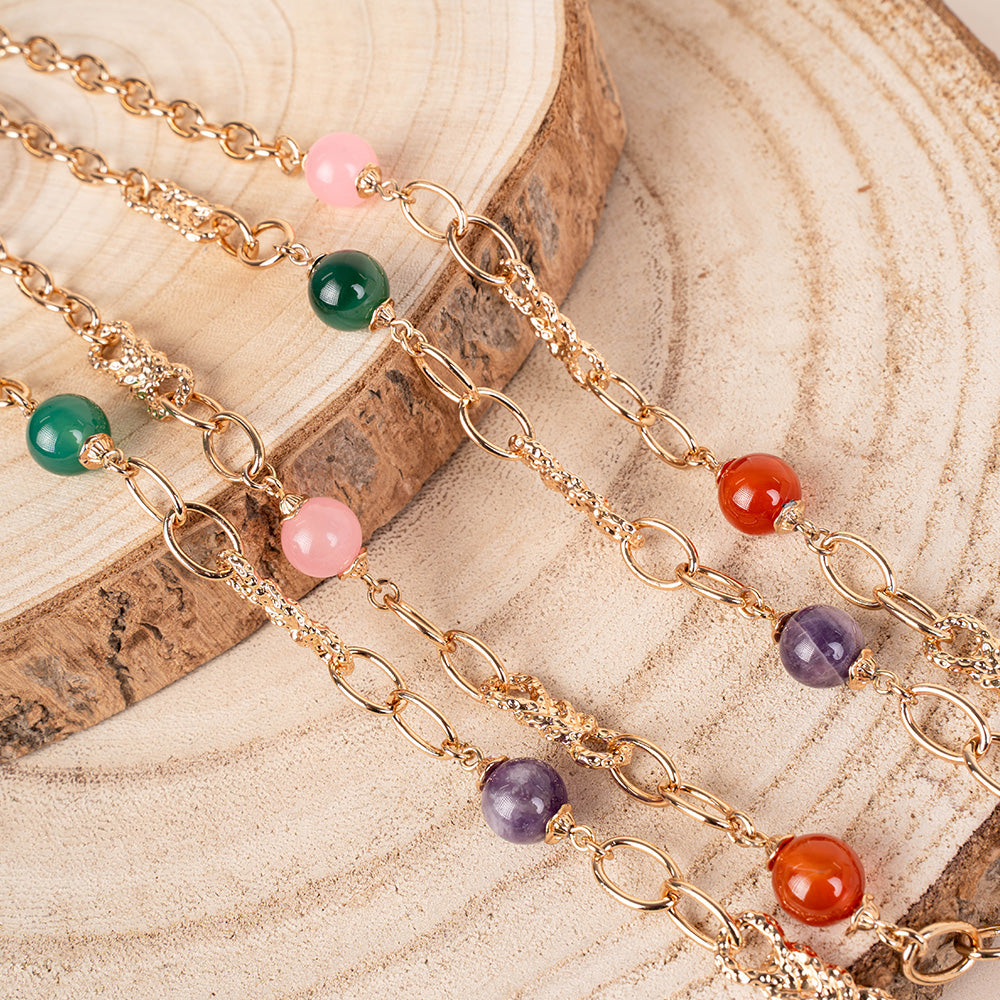 COLLANA LUNGA A DUE FILI CON MAGLIE MARTELLATE E PIETRE