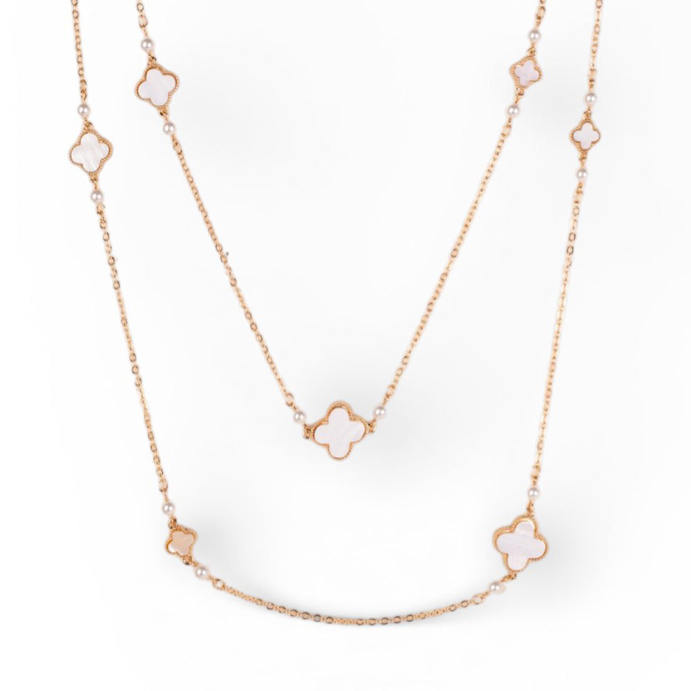 COLLANA LUNGA CON QUADRIFOGLI E PERLE