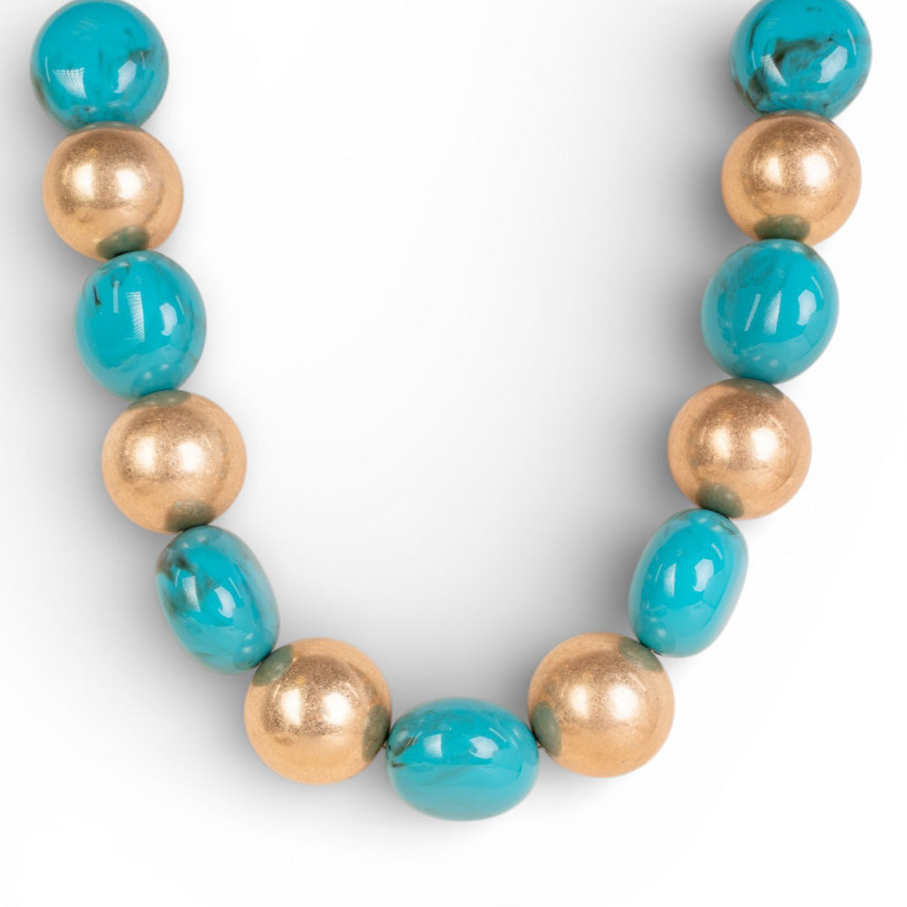 COLLANA CON SFERE DORATE E ELEMENTI TURCHESI MARMORIZZATI