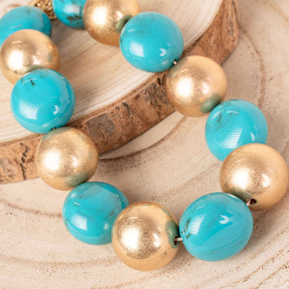 COLLANA CON SFERE DORATE E ELEMENTI TURCHESI MARMORIZZATI