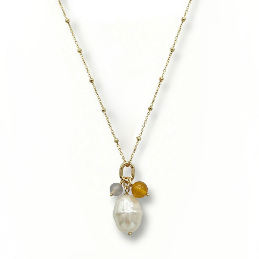 COLLANA LUNGA CON PERLA PENDENTE IRREGOLARE E SFERE COLORATE