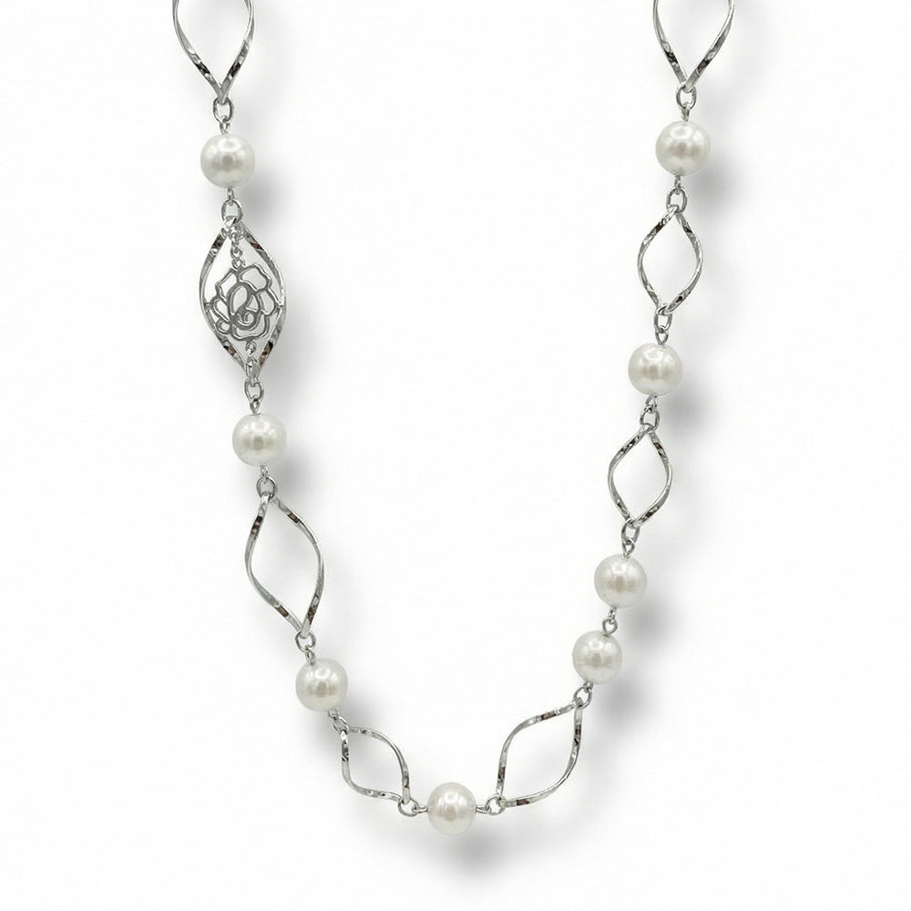 COLLANA LUNGA CON SPIRALI PERLE E ROSE MINIMAL
