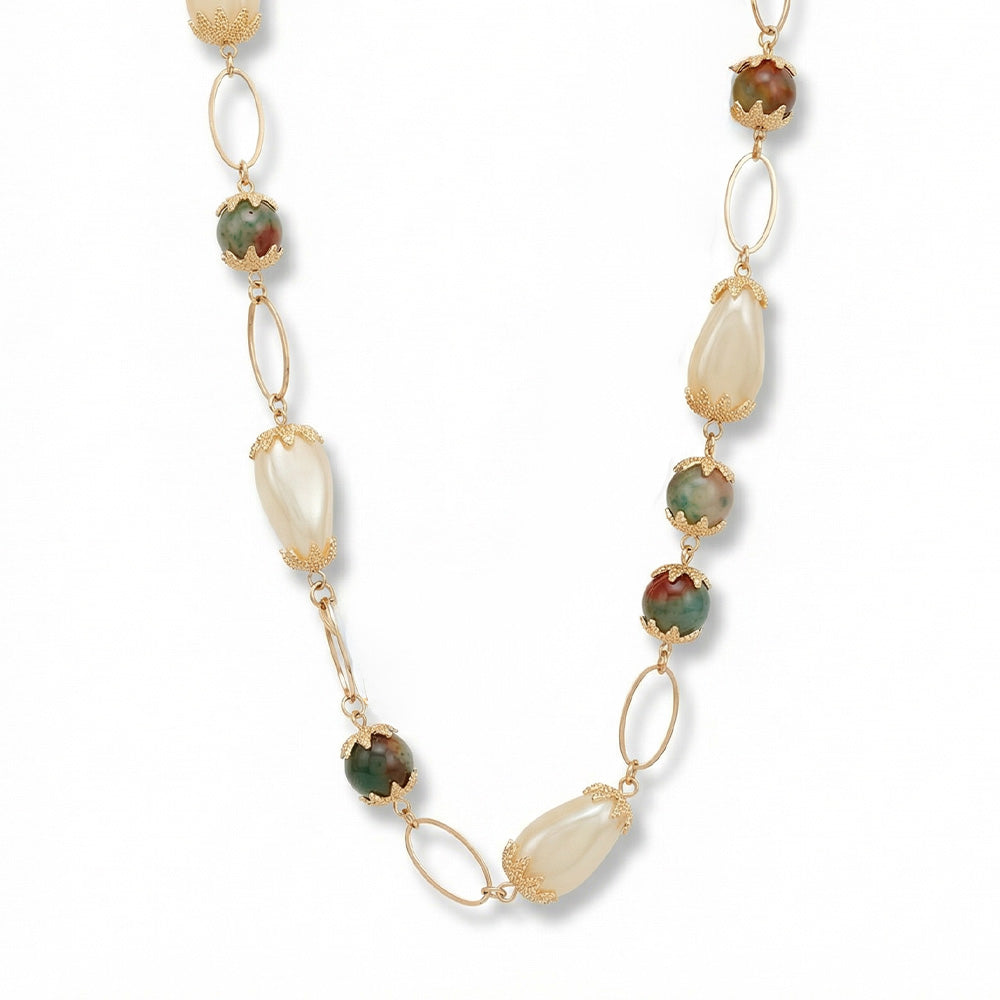 COLLANA LUNGA A DUE FILI CON DICHI PERLE OVALI E SFERE SFUMATE