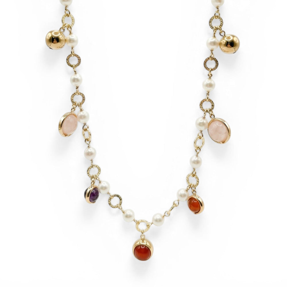 COLLANA LUNGA CON PERLE E SFERE PENDENTI COLORATE MOBILI