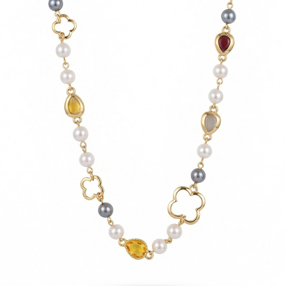 COLLANA LUNGA CON PERLE FIORI E PIETRE COLORATE