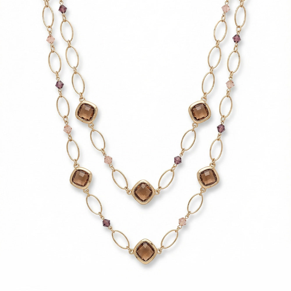 COLLANA LUNGA A DUE FILI CON DISCHI E ELEMENTI QUADRATI IN RESINA