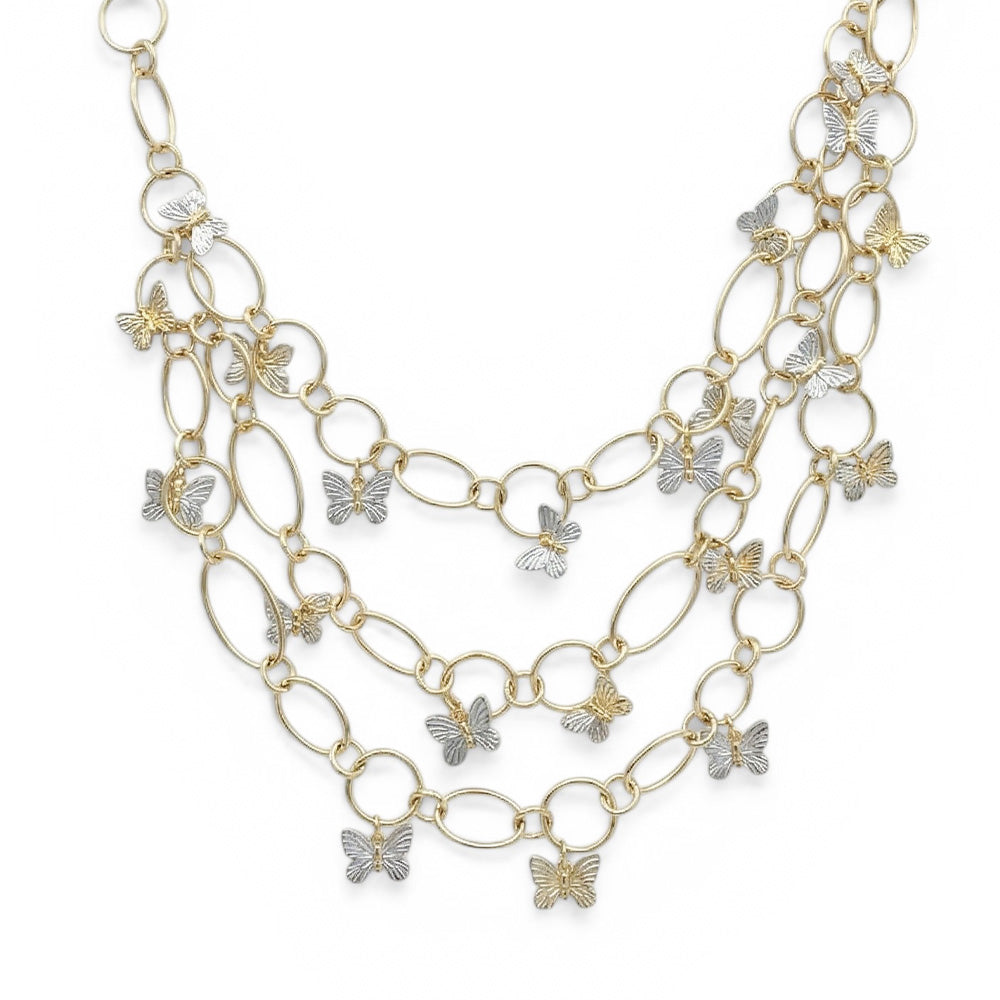 COLLANA LUNGA CON TRE FILE PENDENTI E FARFATTE INTAGLIATE